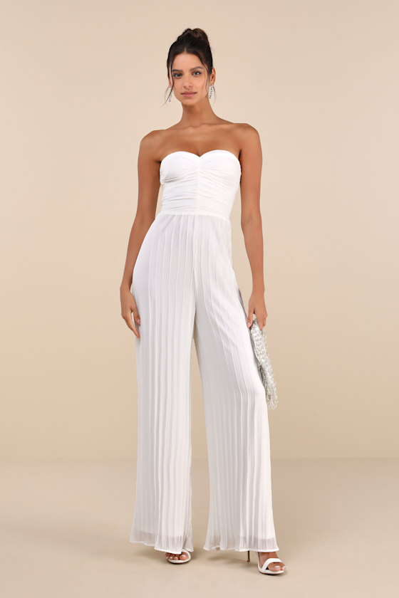 Lulus Certainly Charming White Pleated Strapless Wide-leg Jumpsuit In White