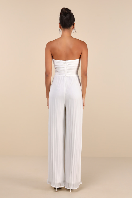 Lulus Certainly Charming White Pleated Strapless Wide-leg Jumpsuit In White