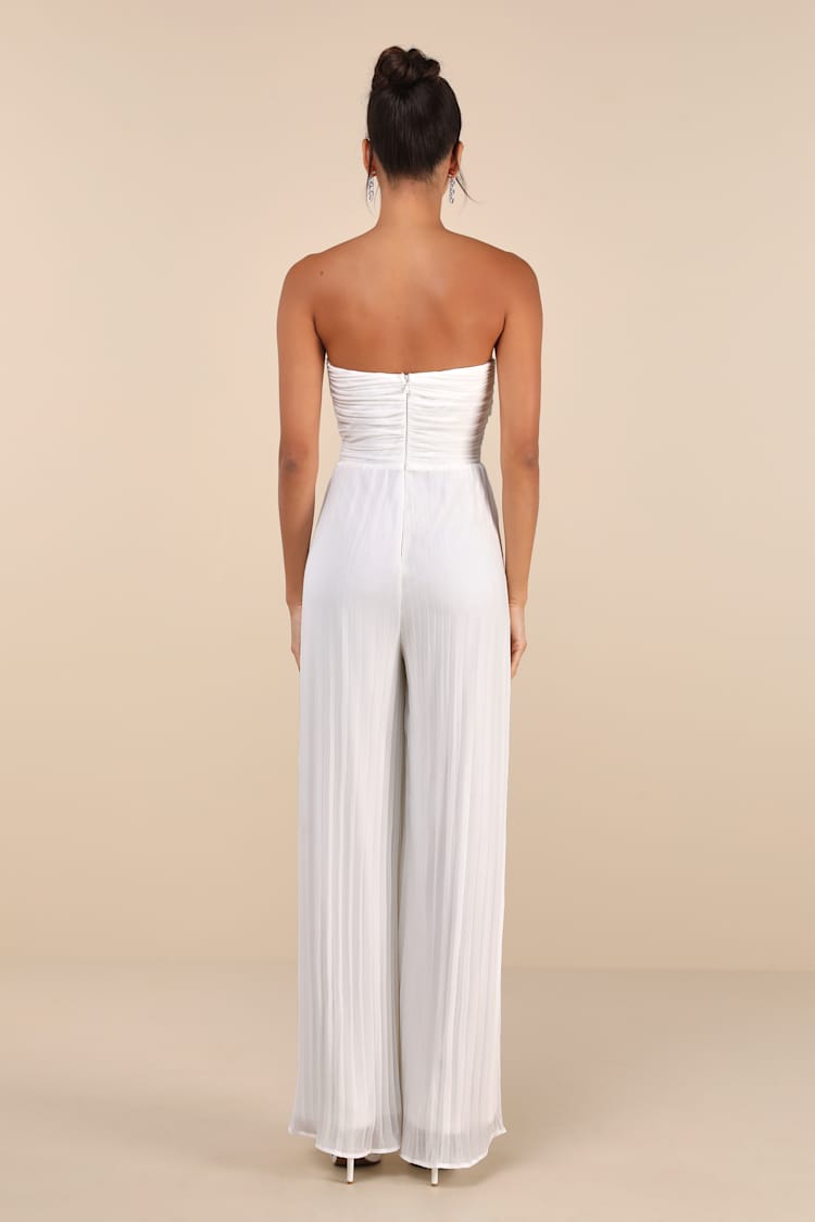Certainly Charming White Pleated Strapless Wide-Leg Jumpsuit