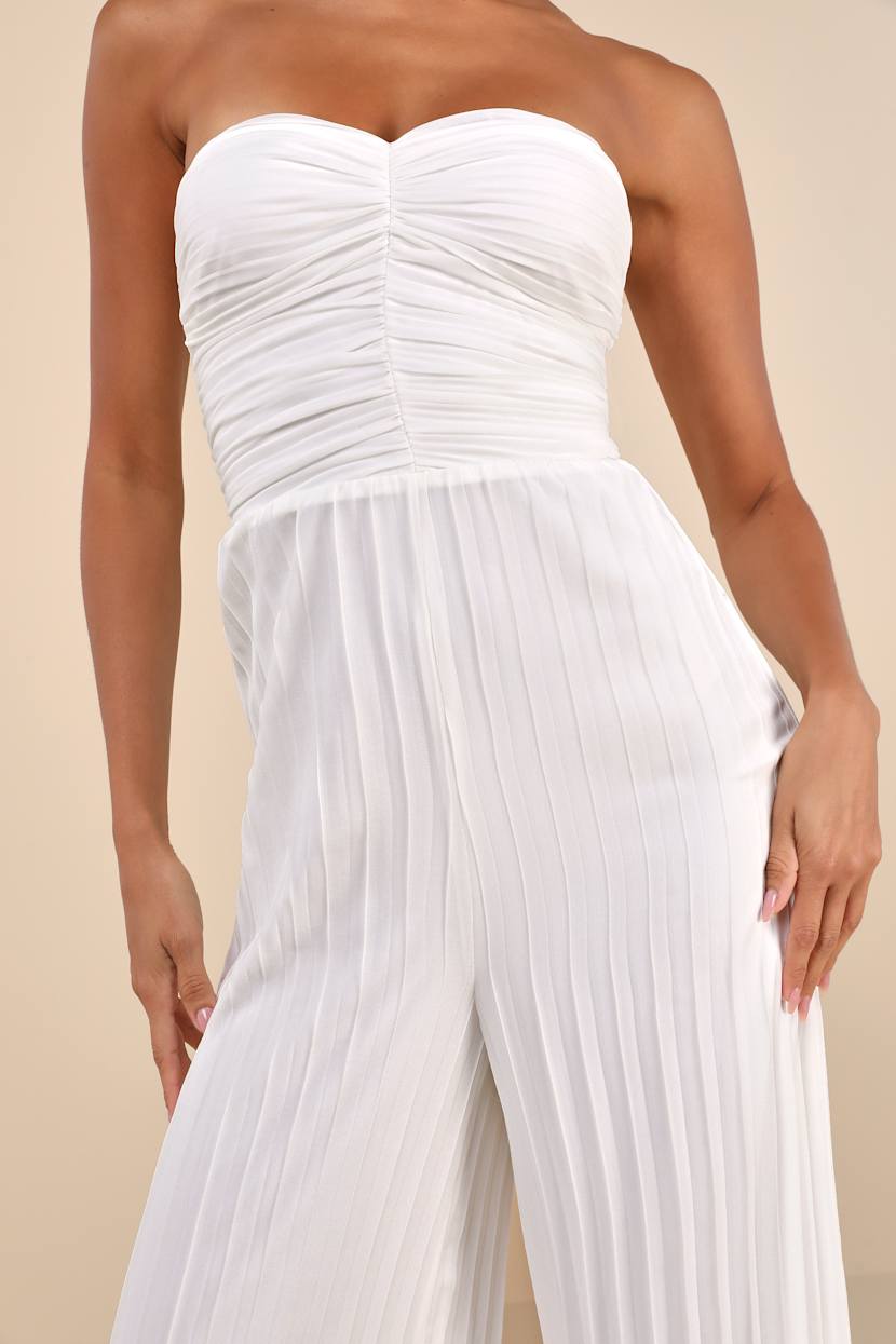 Certainly Charming White Pleated Strapless Wide-Leg Jumpsuit