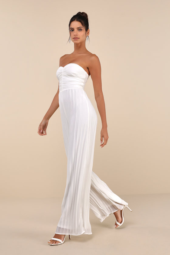 Lulus Certainly Charming White Pleated Strapless Wide-leg Jumpsuit In White