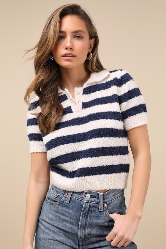Lulus Cozy Expert Ivory And Navy Striped Short Sleeve Sweater Top In Navy