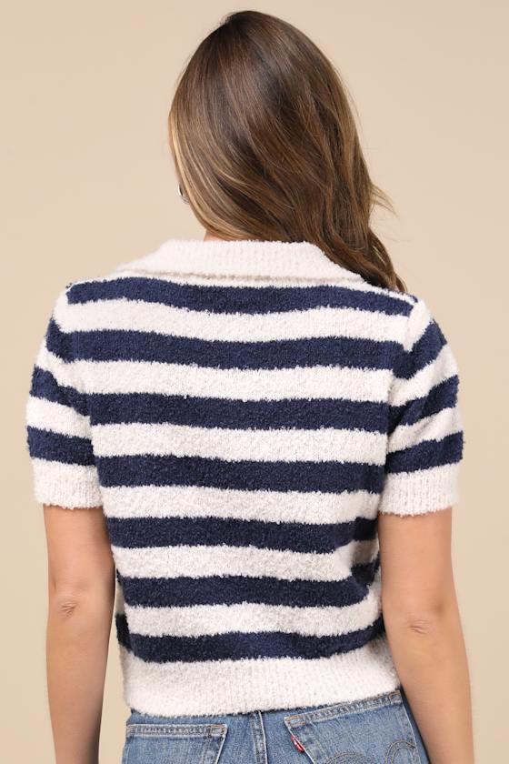 Lulus Cozy Expert Ivory And Navy Striped Short Sleeve Sweater Top In Navy