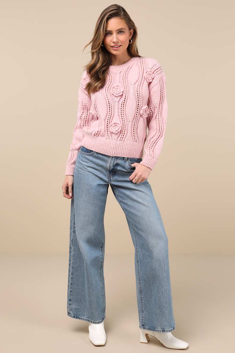 Precisely Adorable Light Pink 3D Floral Pointelle Knit Sweater