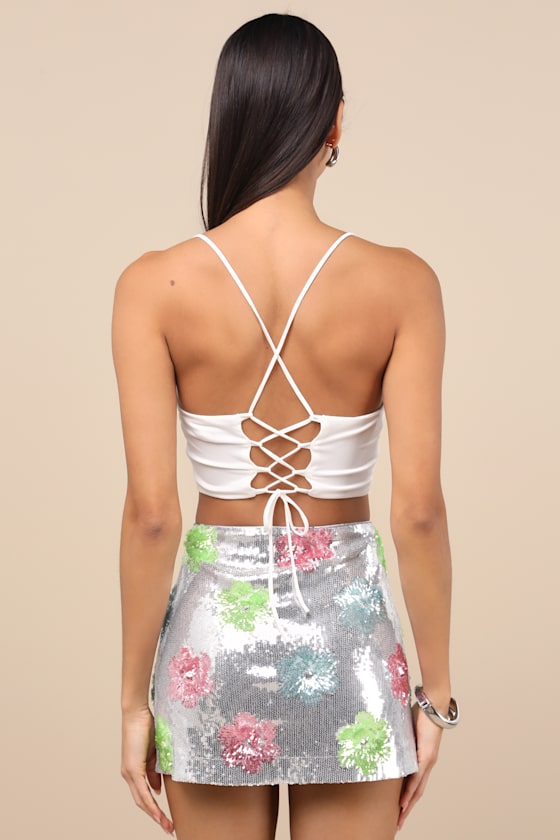 Lulus Glittery Flourishment Silver Multi Sequin Micro Mini Skort In Silver