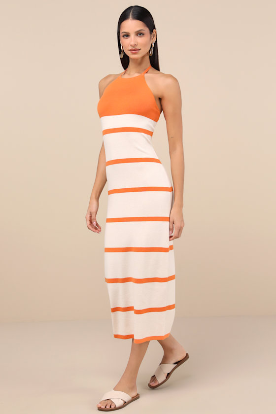 Lulus Friendly Cutie Orange And Ivory Striped Knit Halter Midi Dress In Ivory
