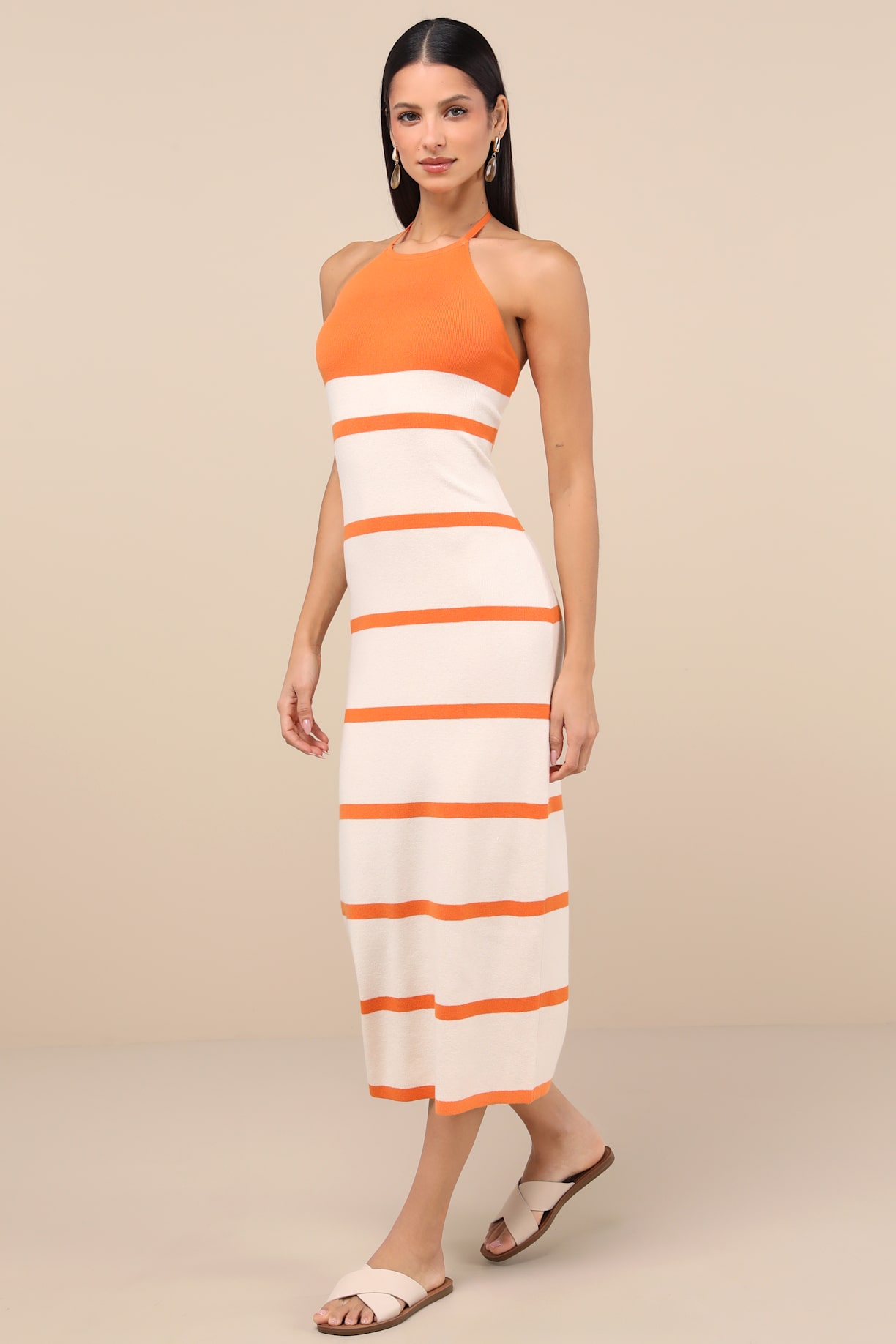 Friendly Cutie Orange and Ivory Striped Knit Halter Midi Dress
