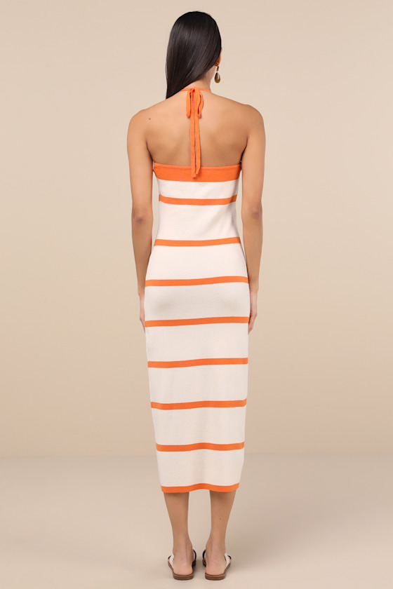 Lulus Friendly Cutie Orange And Ivory Striped Knit Halter Midi Dress In Ivory