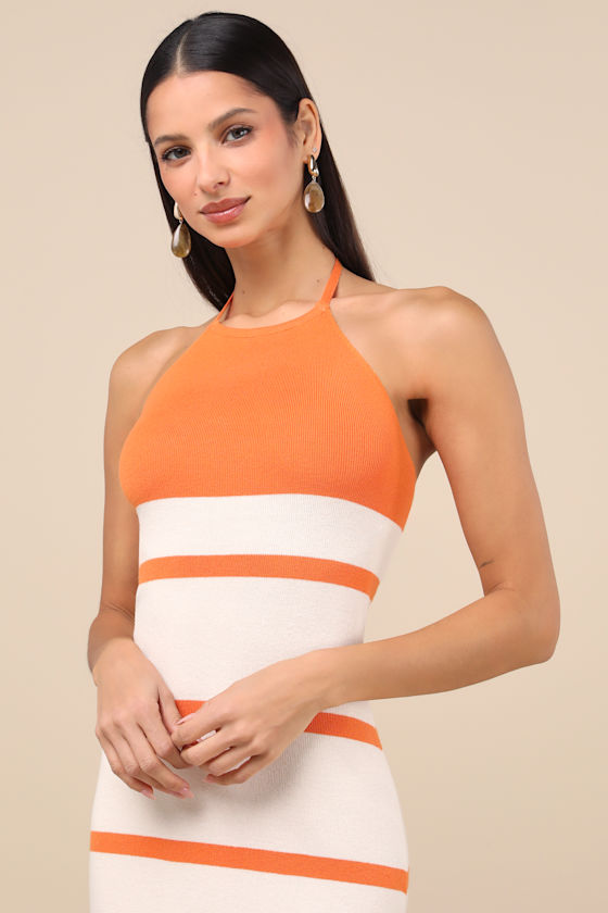 Lulus Friendly Cutie Orange And Ivory Striped Knit Halter Midi Dress In Ivory