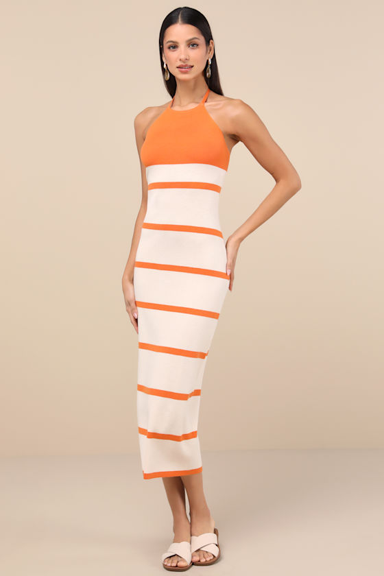 Lulus Friendly Cutie Orange And Ivory Striped Knit Halter Midi Dress In Ivory