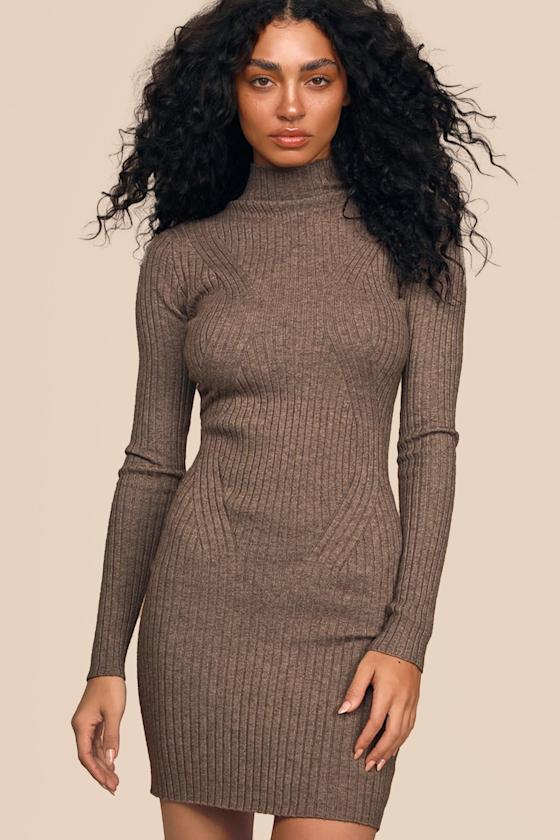 Image of Snug As Can Be Heather Taupe Ribbed Mock Neck Sweater Dress