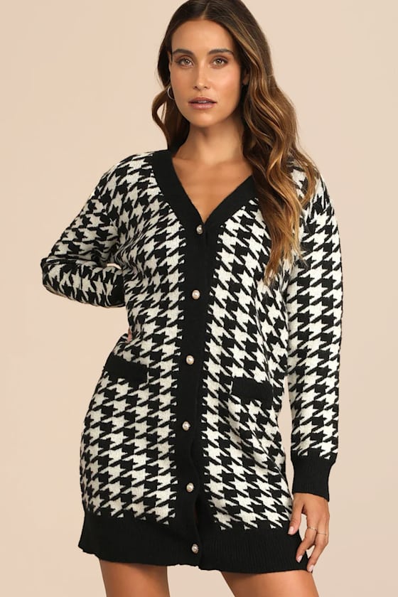 Truly Iconic Black and White Houndstooth Cardigan Sweater Dress 3