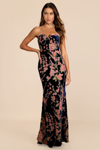 Bloom In Mind Navy Blue Floral Print Velvet Strapless Maxi Dress 1