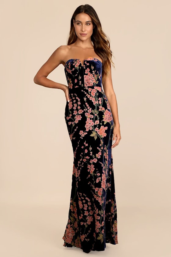 Bloom In Mind Navy Blue Floral Print Velvet Strapless Maxi Dress 1