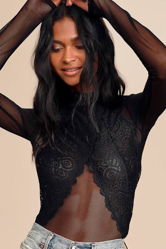 Show Stopping Black Sheer Lace Long Sleeve Bodysuit 1