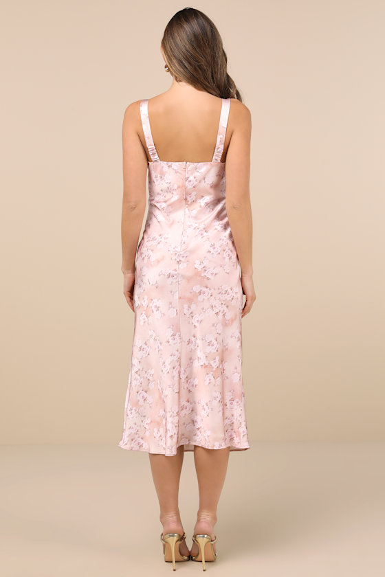 Sweet Brilliance Light Pink Floral Satin Slip Midi Dress 1