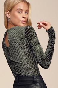 Save the Date Olive Green Velvet Striped Long Sleeve Bodysuit 5
