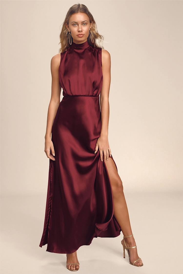 Classic Elegance Wine Satin Sleeveless Mock Neck Maxi Dress