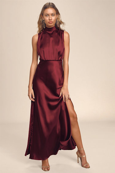 Wine Satin Dress - Mock Neck Maxi Dress - Sleeveless Dress - Lulus