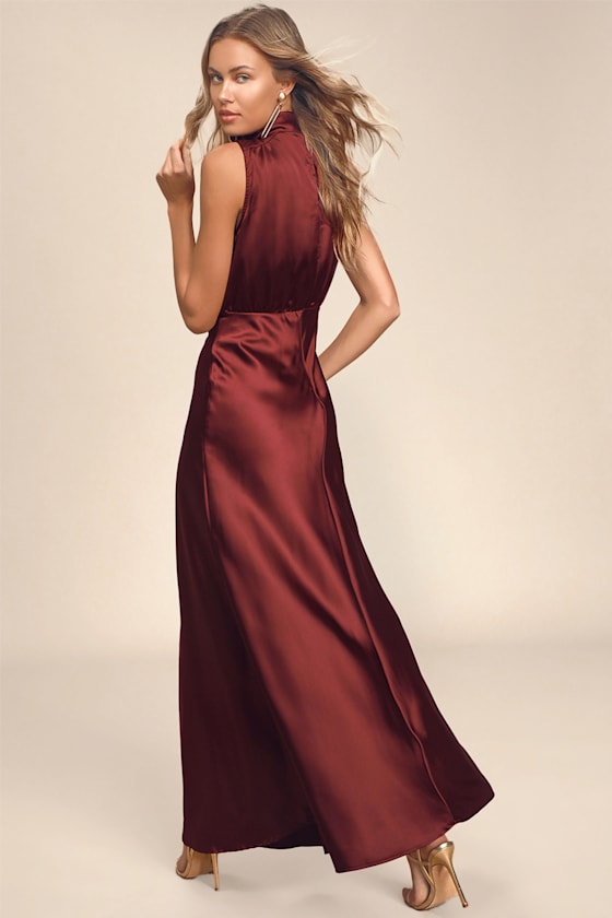 Wine Satin Dress - Mock Neck Maxi Dress - Sleeveless Dress - Lulus