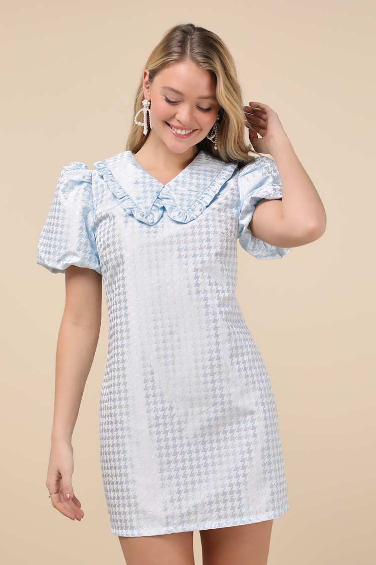knee length dresses for ladies Blue Metallic Bubble Sleeve Flared Mini Dress Medium main image 0