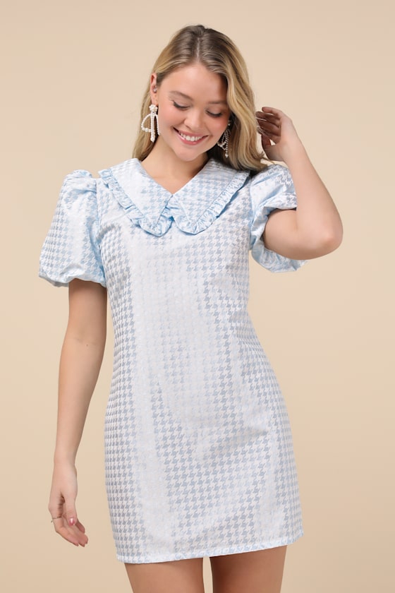 Adored Spirit Light Blue Houndstooth Puff Sleeve Mini Dress 1