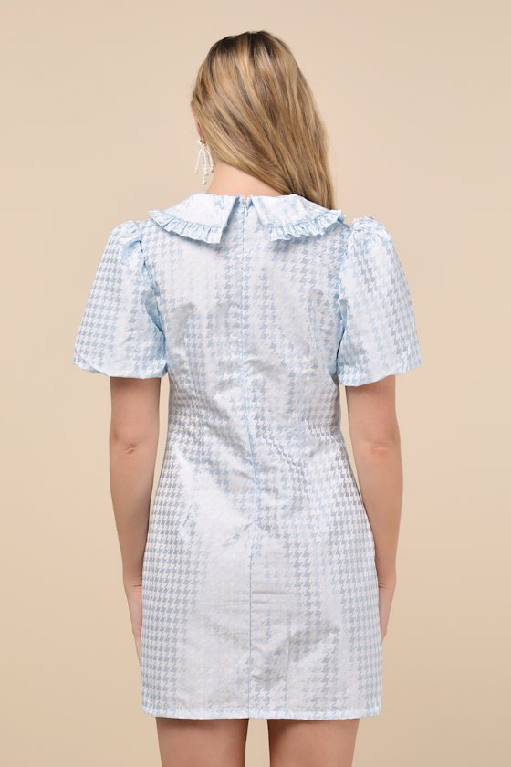 Adored Spirit Light Blue Houndstooth Puff Sleeve Mini Dress 3