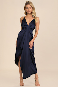 Caught Feelings Navy Blue Satin Ruffled Midi Dress