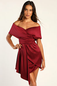 Always Celebrating Burgundy Satin Off-the-Shoulder Mini Dress 1