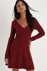 Sweetly Seasonal Burgundy Cable Knit Sweater Mini Dress 1