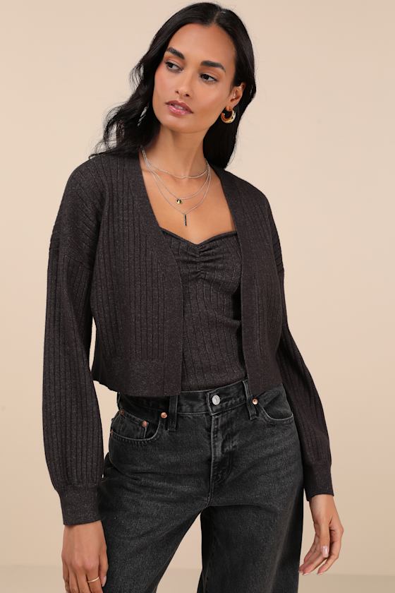 Lulus Cutest Duet Charcoal Knit Cami Top And Cardigan Sweater Set In Grey
