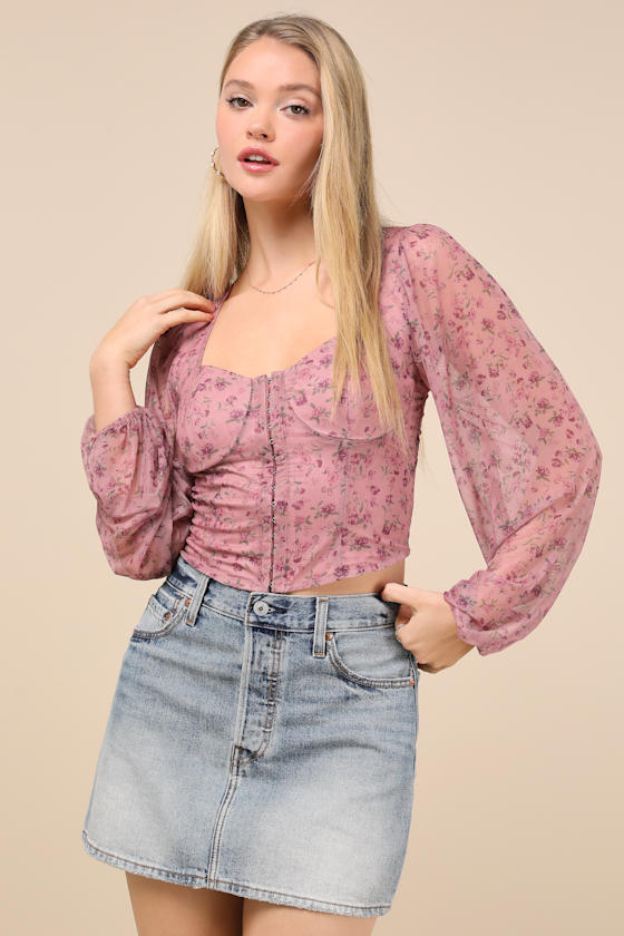 Lulus Feeling So Cute Mauve Floral Mesh Balloon Sleeve Crop Top In Mauve