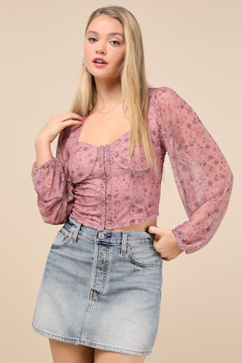 Feeling So Cute Mauve Floral Mesh Balloon Sleeve Crop Top 3