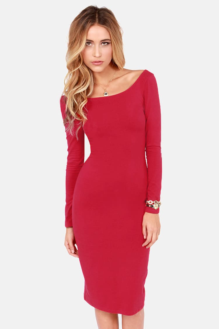 red long sleeve midi bodycon dress Elegant Long Sleeve Red Bodycon Midi Dress