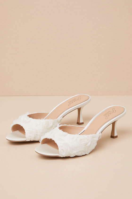 Jewel By Badgley Mischka Scarlet Ivory Satin Kitten Heel Slide Sandals In Ivory
