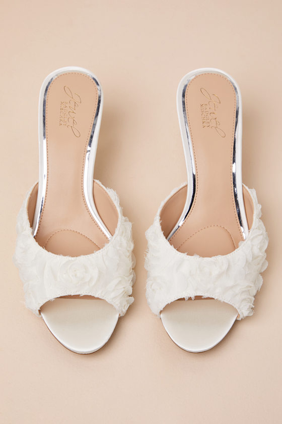 Jewel By Badgley Mischka Scarlet Ivory Satin Kitten Heel Slide Sandals In Ivory