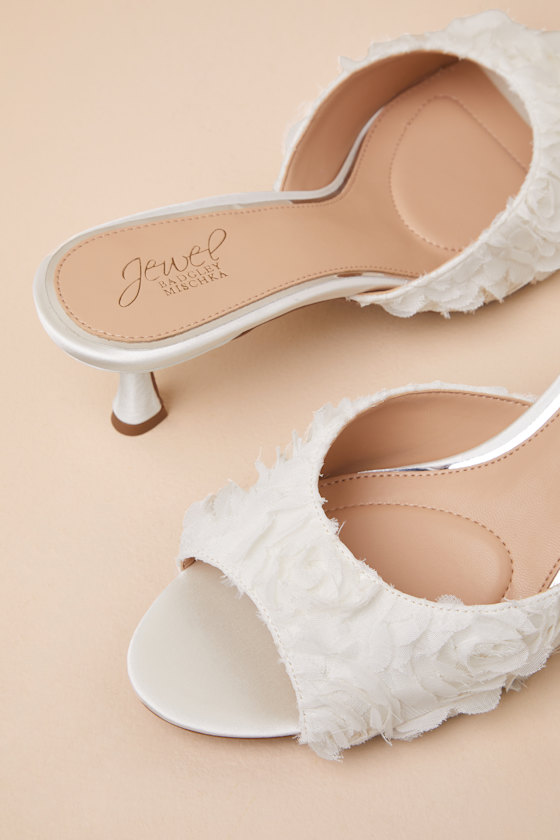 Jewel By Badgley Mischka Scarlet Ivory Satin Kitten Heel Slide Sandals In Ivory