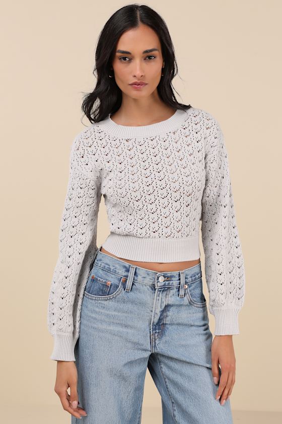 Shop Lulus Always All Mine Light Grey Lace-up Cropped Pointelle Sweater