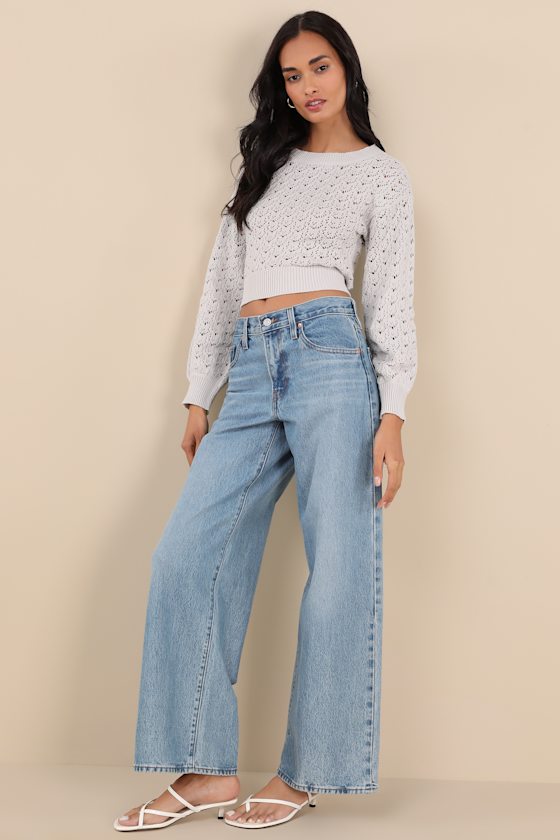 Shop Lulus Always All Mine Light Grey Lace-up Cropped Pointelle Sweater