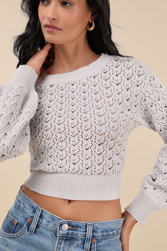 Shop Lulus Always All Mine Light Grey Lace-up Cropped Pointelle Sweater