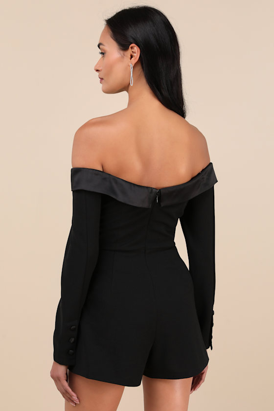Lulus Exquisite Energy Black Off-the-shoulder Skort Romper In Black