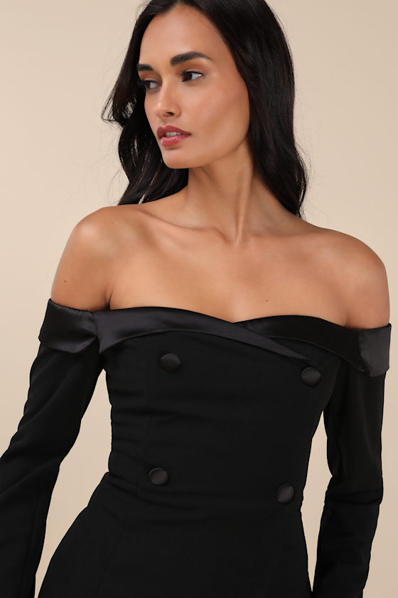 Lulus Exquisite Energy Black Off-the-shoulder Skort Romper In Black