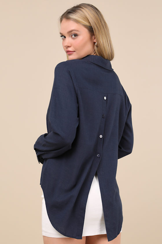Lulus Notable Aesthetic Navy Blue Linen Collared Button-up Top In Navy Blue