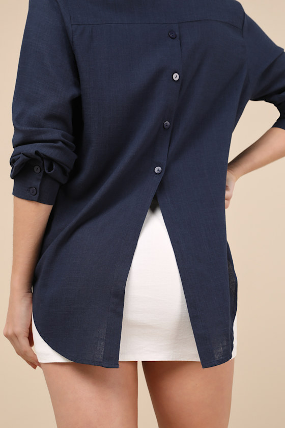 Lulus Notable Aesthetic Navy Blue Linen Collared Button-up Top In Navy Blue