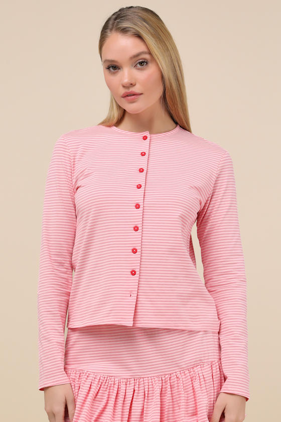 Polly Grey and Pink Striped Button-Front Cardigan Sweater 1