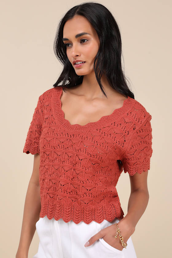 LULUS SWEETEST EXAMPLE RUST ORANGE POINTELLE KNIT SHORT SLEEVE TOP