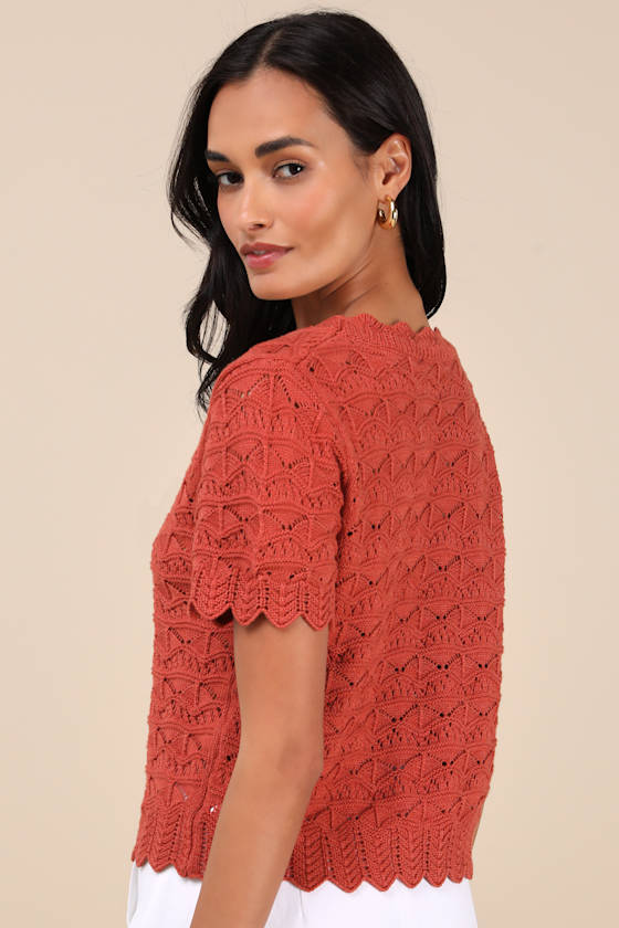 LULUS SWEETEST EXAMPLE RUST ORANGE POINTELLE KNIT SHORT SLEEVE TOP
