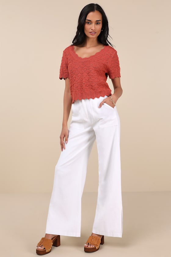 LULUS SWEETEST EXAMPLE RUST ORANGE POINTELLE KNIT SHORT SLEEVE TOP