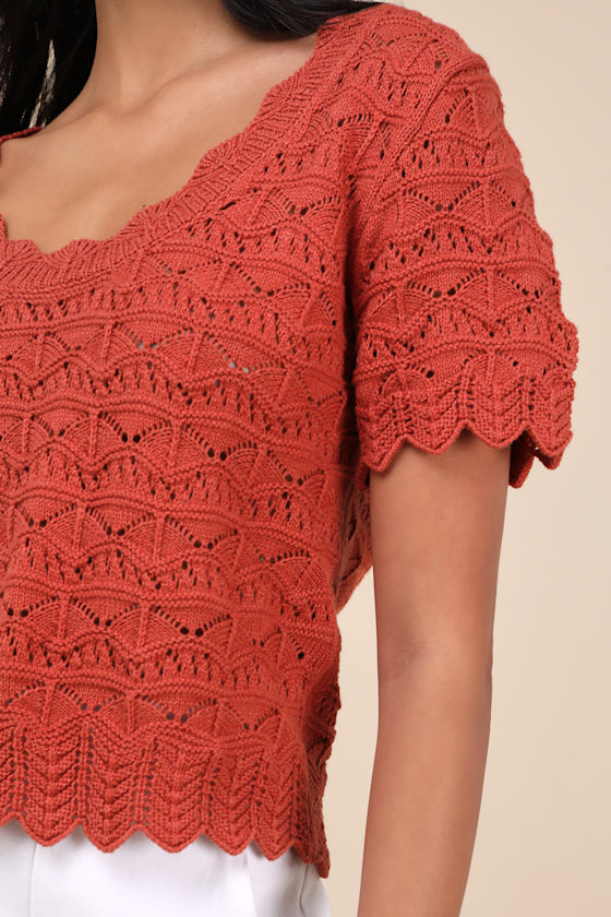 LULUS SWEETEST EXAMPLE RUST ORANGE POINTELLE KNIT SHORT SLEEVE TOP