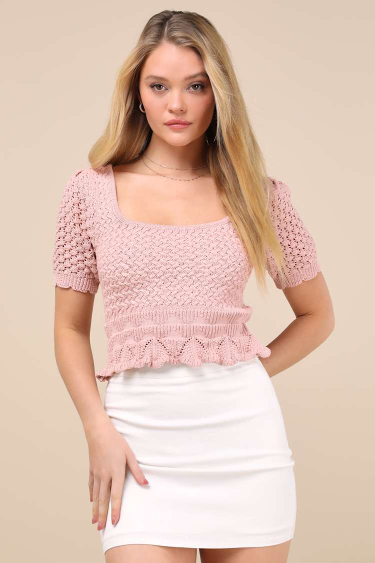 Lucky Cutie Dusty Pink Crochet Short Sleeve Sweater Top